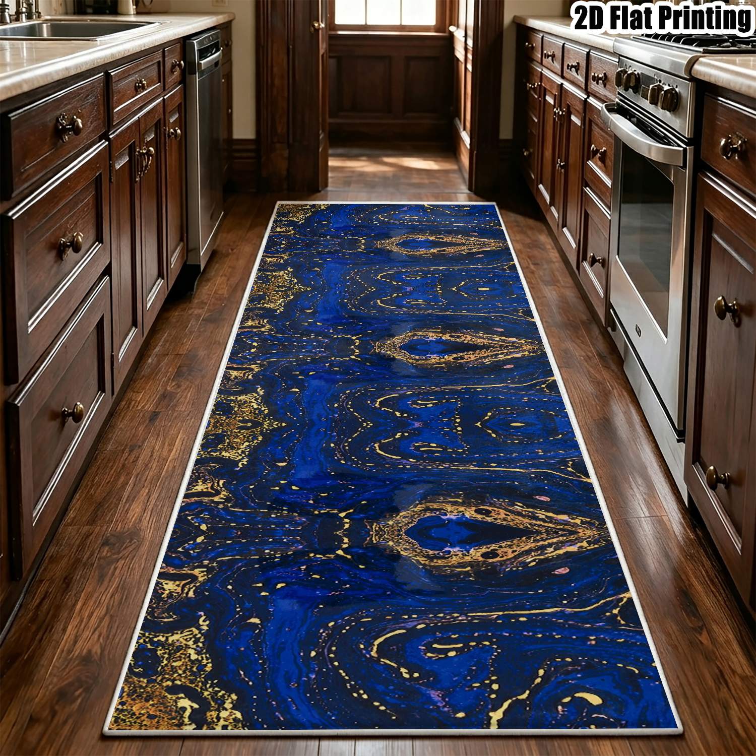 item picture 1pc 850g m velvet 2d printed long runner rug blue and golden geometric pattern runner carpet european style runner rug retro runner rug geometric striped runner rug bohemian runner rug home decor multiple sizes  