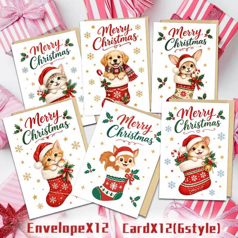 12 greeting cards 12 envelopes adorable christmas 2  card   in stockings merry christmas   friends   festive art card