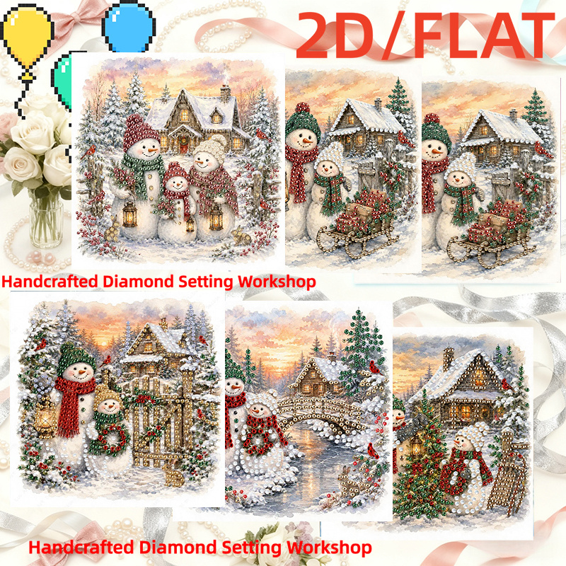 TEMU 6 Stijlen Kerst Sneeuwlandschap Cottage Sneeuwpop Familie 2D Platte Diamant Schilderen Wenskaart Set, Europese IJs en Sneeuwstad Kerstboom