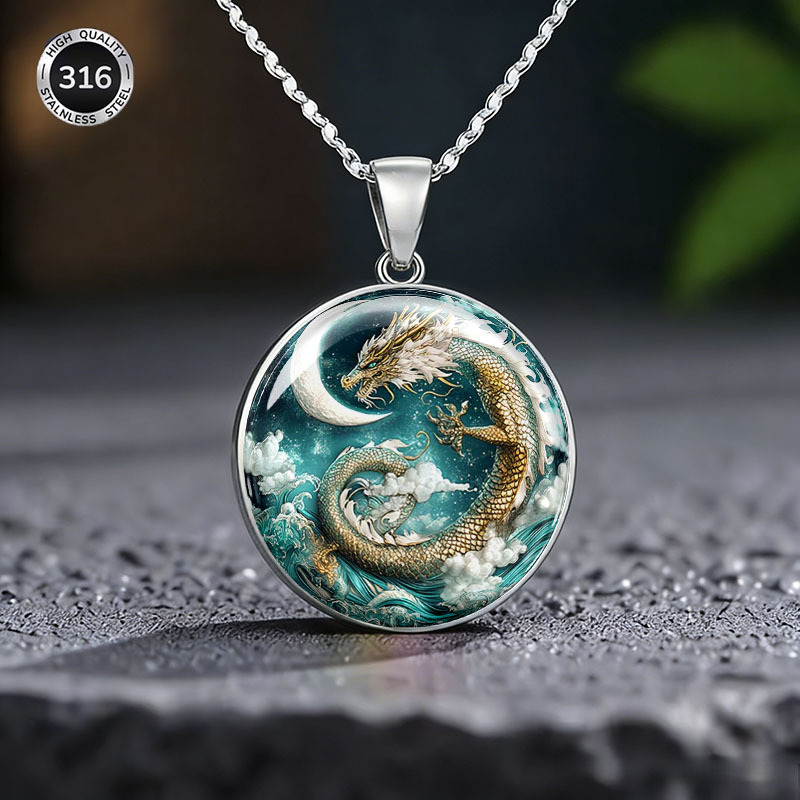 Women's Gilded Azure Dragon & Moon Design Stainless Steel Necklace