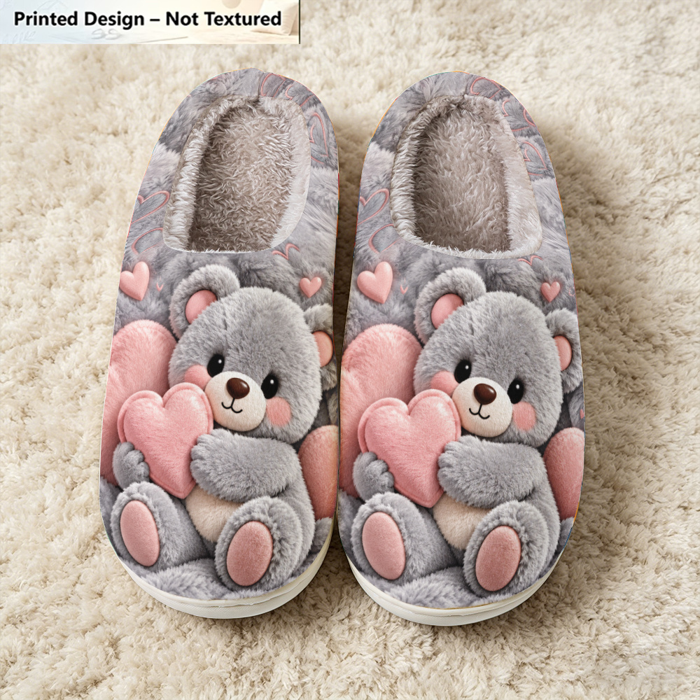 TEMU Teddy Bear Heart Plush Pattern Women's , Widened Size Unisex, Toe Box, Thickened Sole With High Arch, Soft Texture, Ideal For Holiday Gifting,