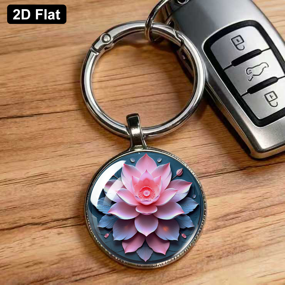 Dreamy Gradient Pink Lotus Art Keychain, Circular Pendant