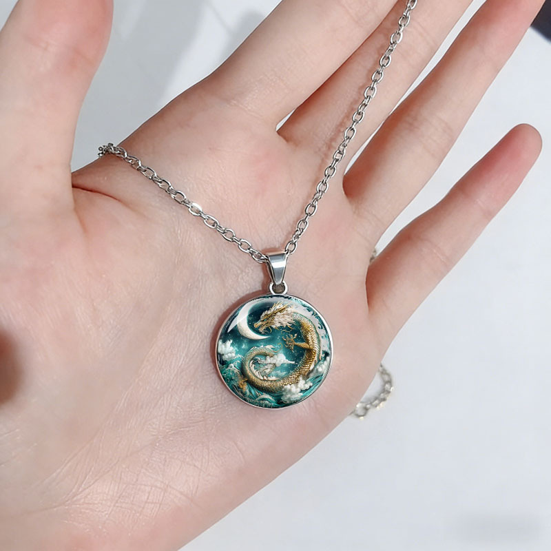 Women's Gilded Azure Dragon & Moon Design Stainless Steel Necklace