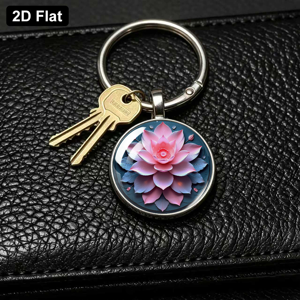 Dreamy Gradient Pink Lotus Art Keychain, Circular Pendant