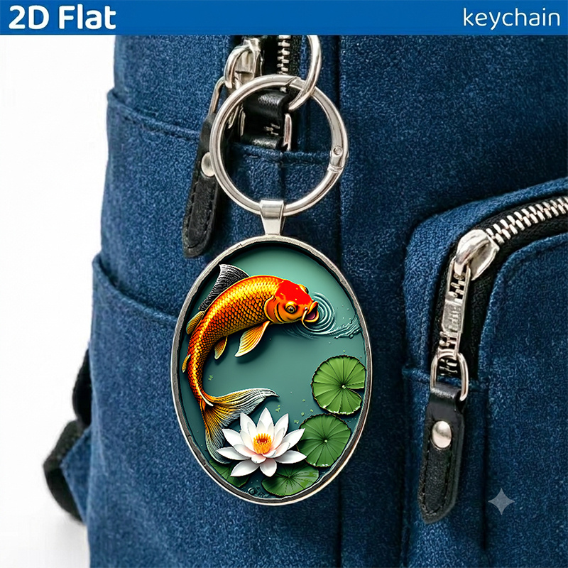 Carp and Lotus Chinese Style Keychain, Circular Design