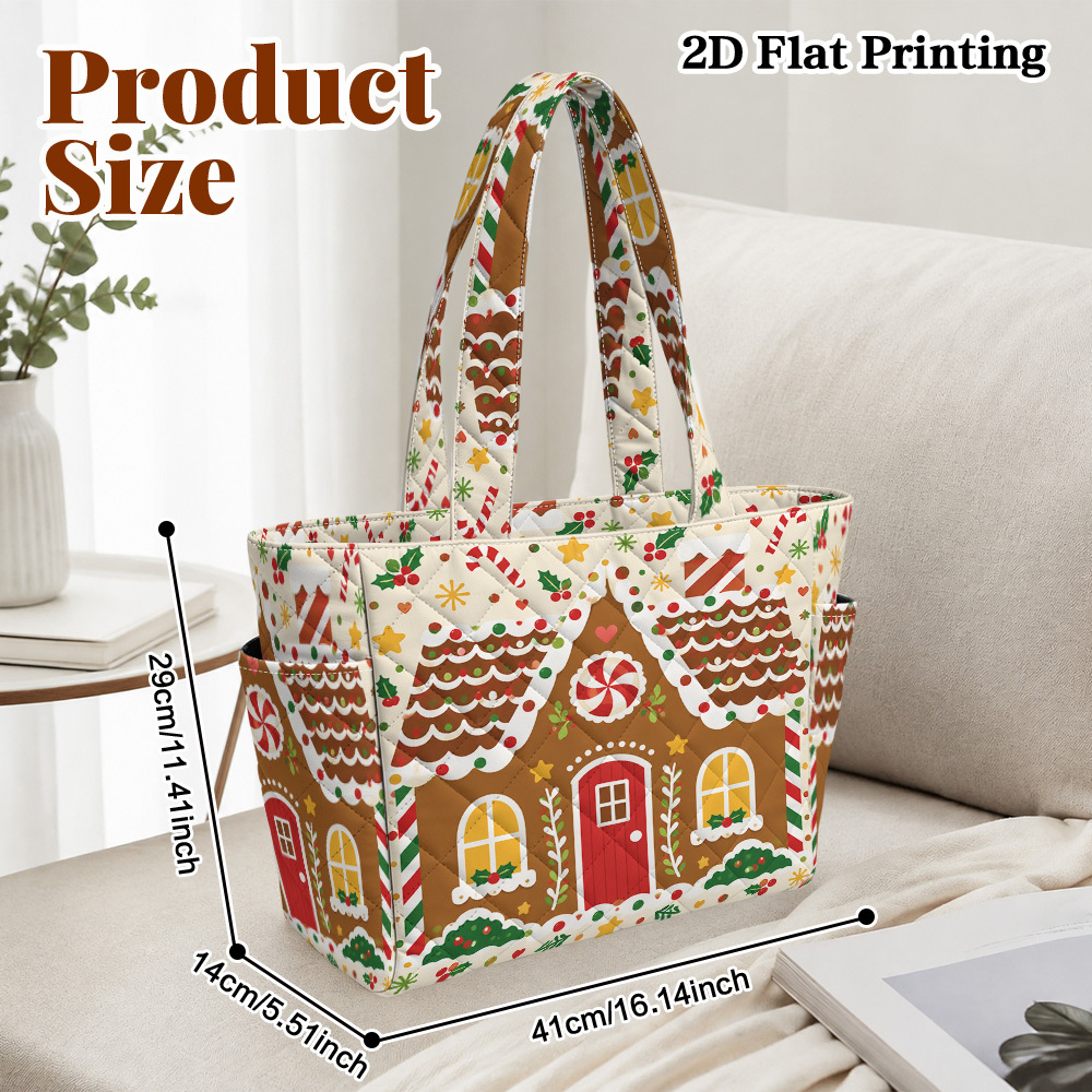 TEMU 1pc Quilting And 2d Flat Printing, Not, Christmas Gingerbread House Pattern Rhombus Quilted Tote Bag, Shopping Bag, Stylish Shoulder Bag,