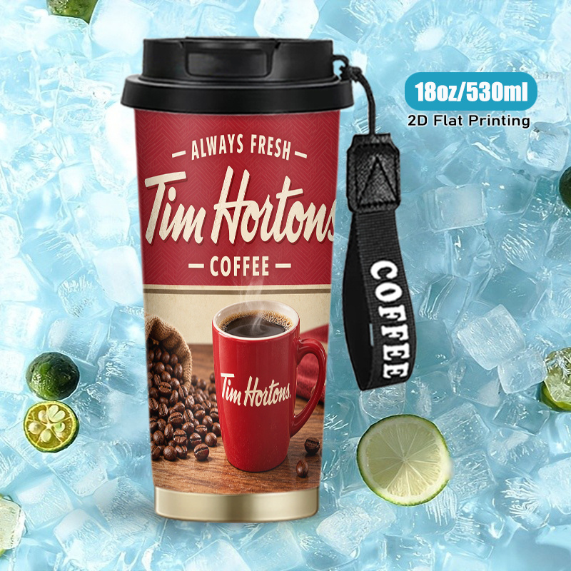 TEMU 2d Flat Printing 1pc 18oz Stainless Steel Tumbler, Vacuum Insulated Cup, With Tim Coffee Theme Design, Gift For Breakfast, Work, Travel, Picnic