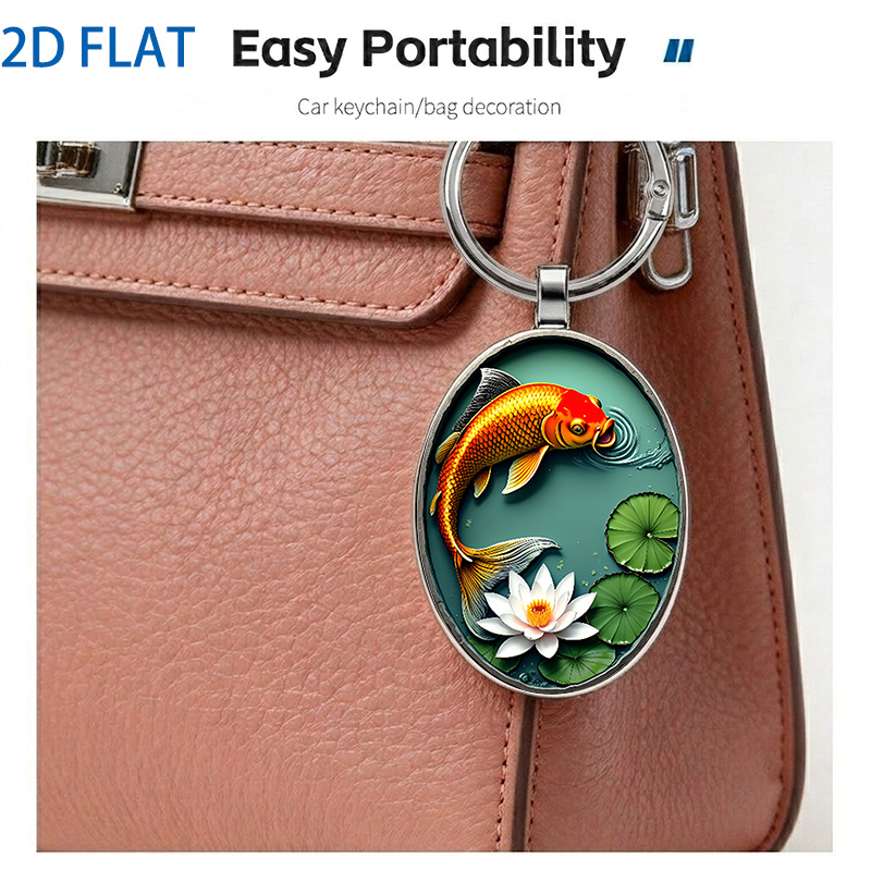 Carp and Lotus Chinese Style Keychain, Circular Design