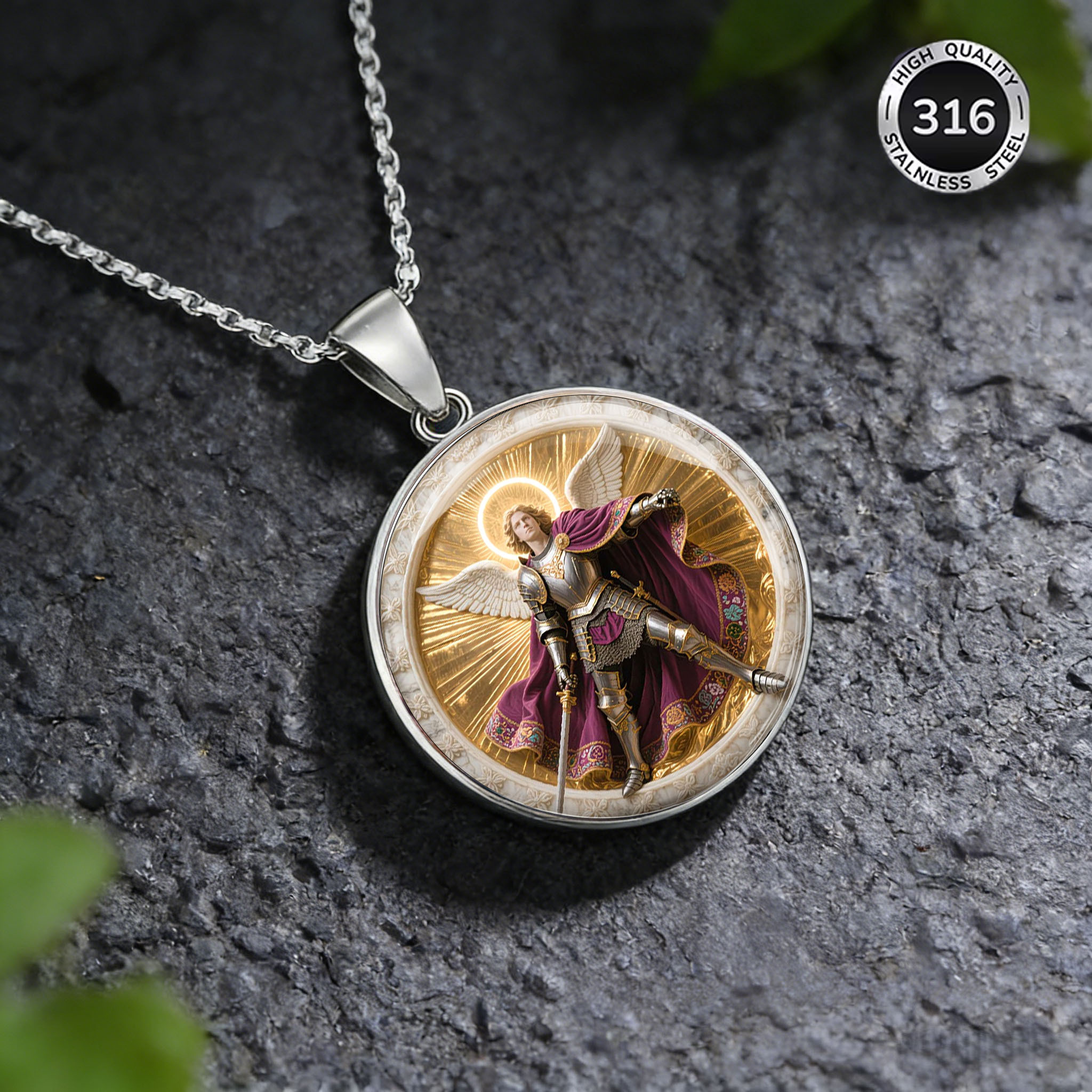2D Flat Archangel Michael Guardian Round Pendant Necklace