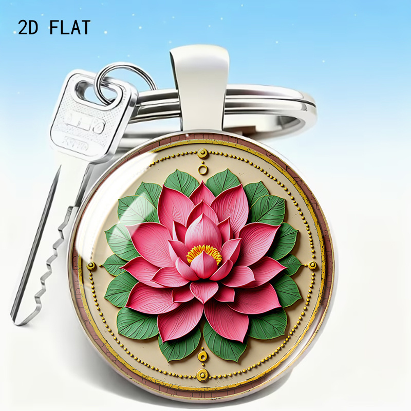 Vintage Ethnic Style Round Keychain with Lotus Design