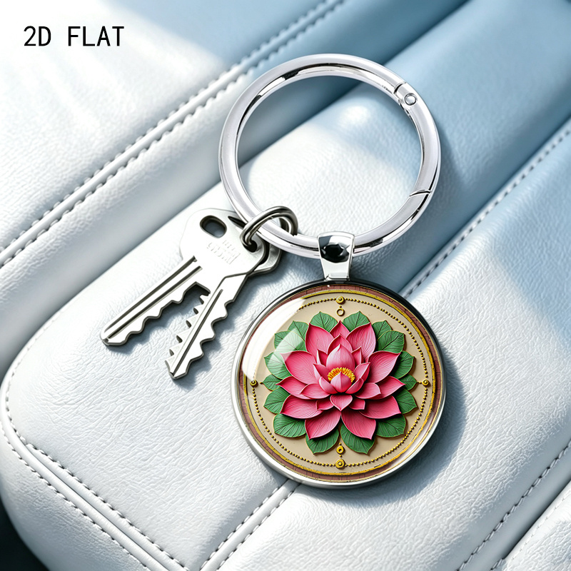 Vintage Ethnic Style Round Keychain with Lotus Design