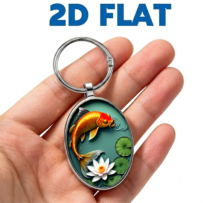 Carp and Lotus Chinese Style Keychain, Circular Design