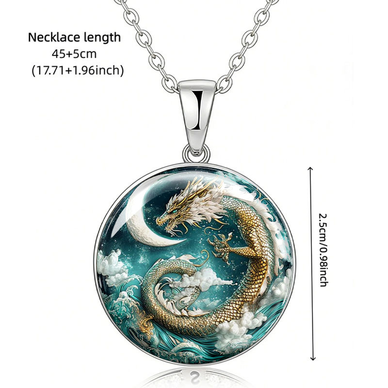 Women's Gilded Azure Dragon & Moon Design Stainless Steel Necklace