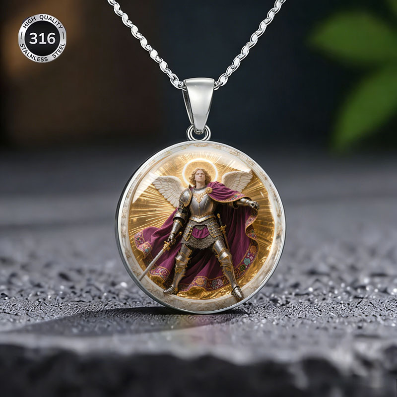 2D Flat Archangel Michael Guardian Round Pendant Necklace