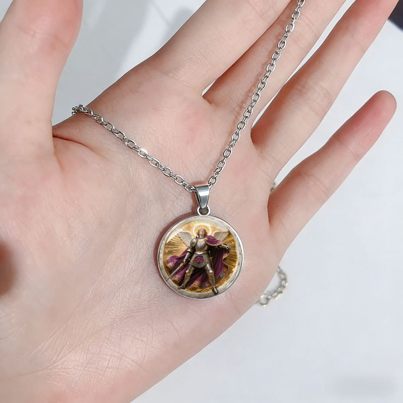 2D Flat Archangel Michael Guardian Round Pendant Necklace