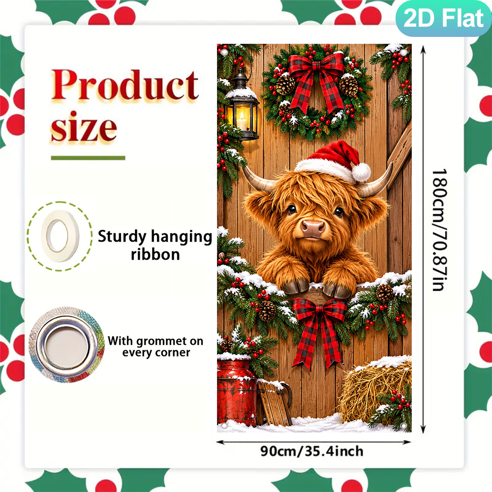 TEMU 2d Flat, 1pc Highland Cow Christmas Banner, Indoor Outdoor Porch Lawn Garden Front Door Hanging, Holiday Celebration Parties, Decor 2d Flat, 2d