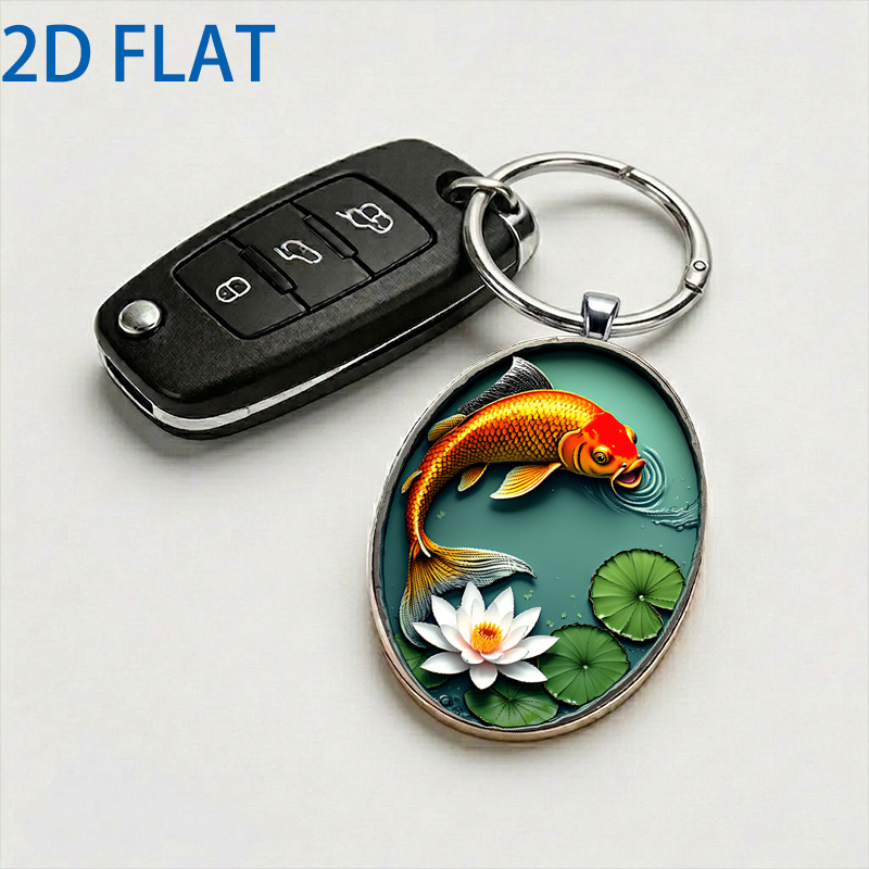 Carp and Lotus Chinese Style Keychain, Circular Design