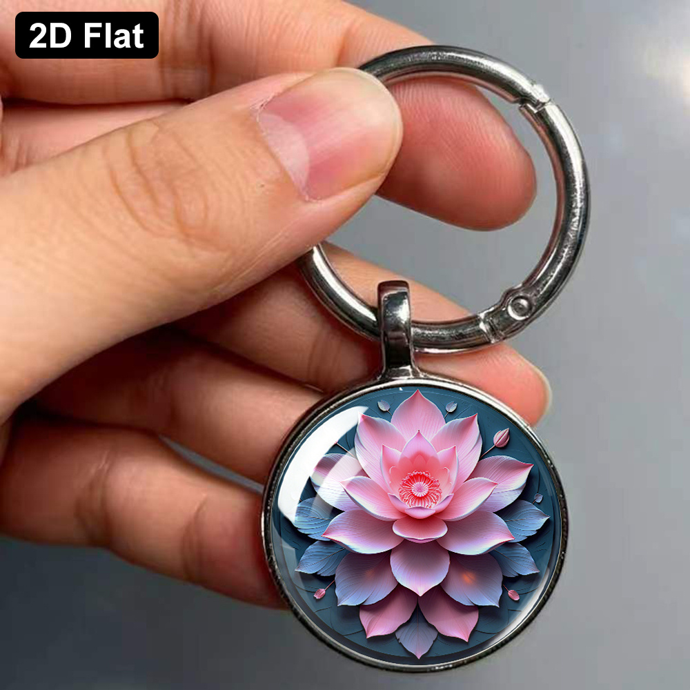 Dreamy Gradient Pink Lotus Art Keychain, Circular Pendant