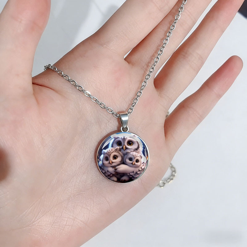 Cute Owl Mother and Son Hug Pattern Pendant Necklace