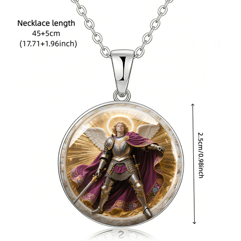 2D Flat Archangel Michael Guardian Round Pendant Necklace