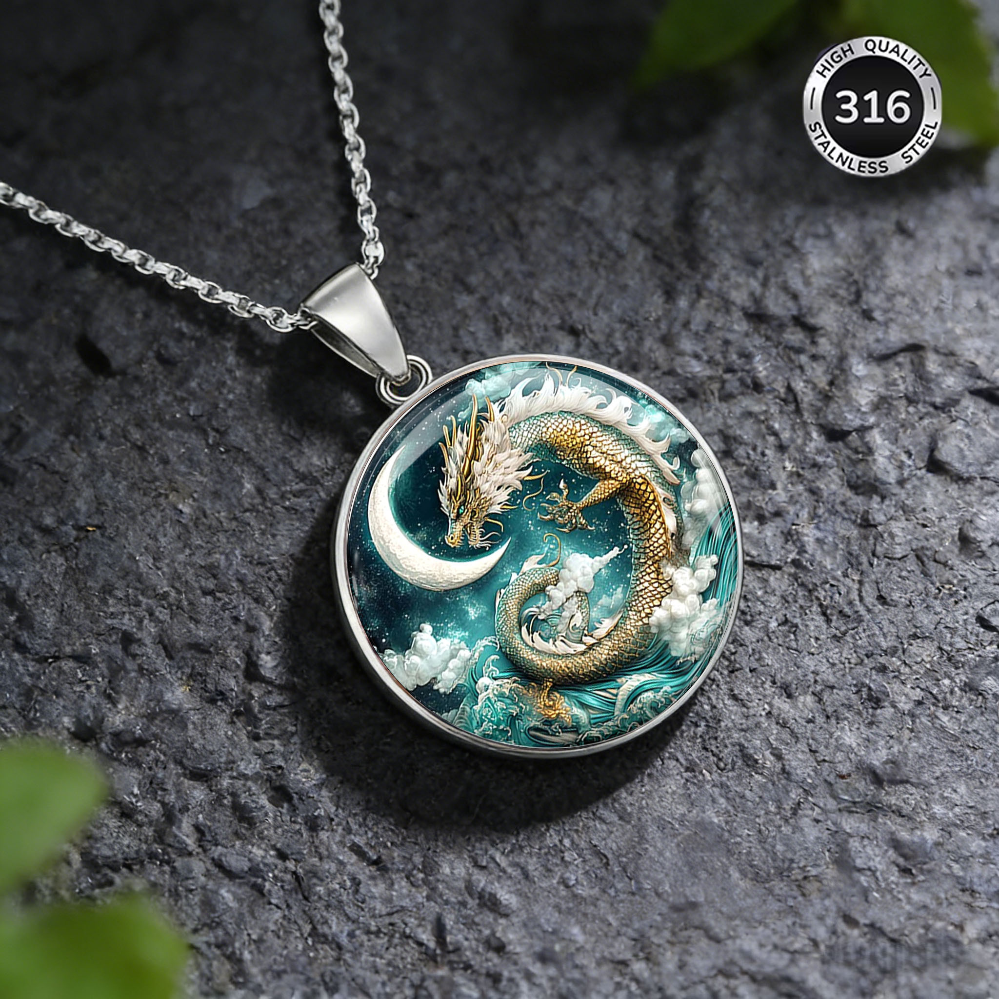 Women's Gilded Azure Dragon & Moon Design Stainless Steel Necklace