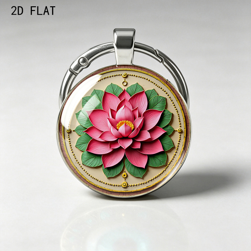 Vintage Ethnic Style Round Keychain with Lotus Design