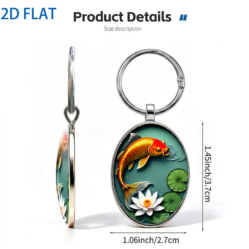 Carp and Lotus Chinese Style Keychain, Circular Design