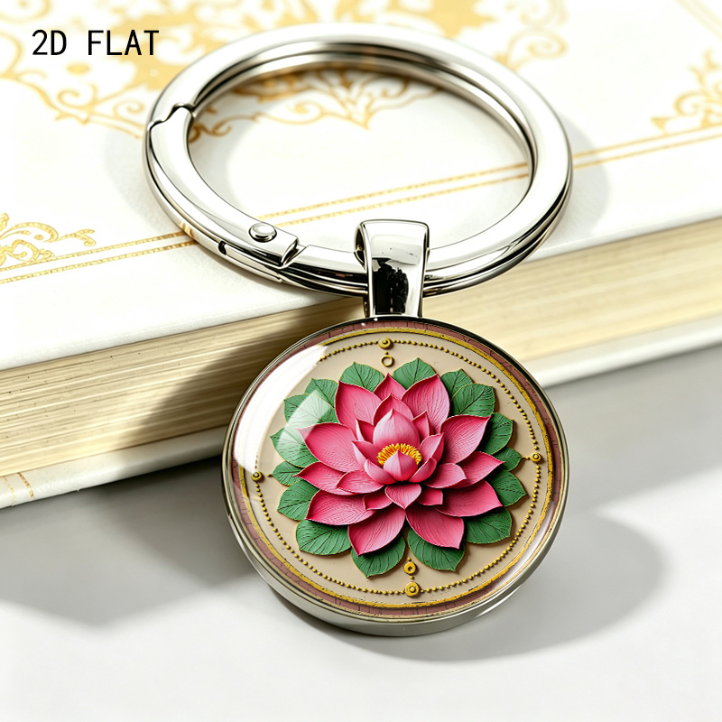 Vintage Ethnic Style Round Keychain with Lotus Design