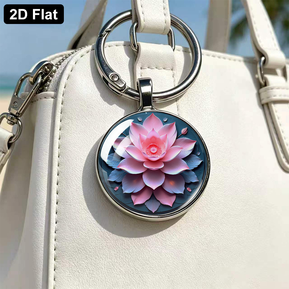 Dreamy Gradient Pink Lotus Art Keychain, Circular Pendant