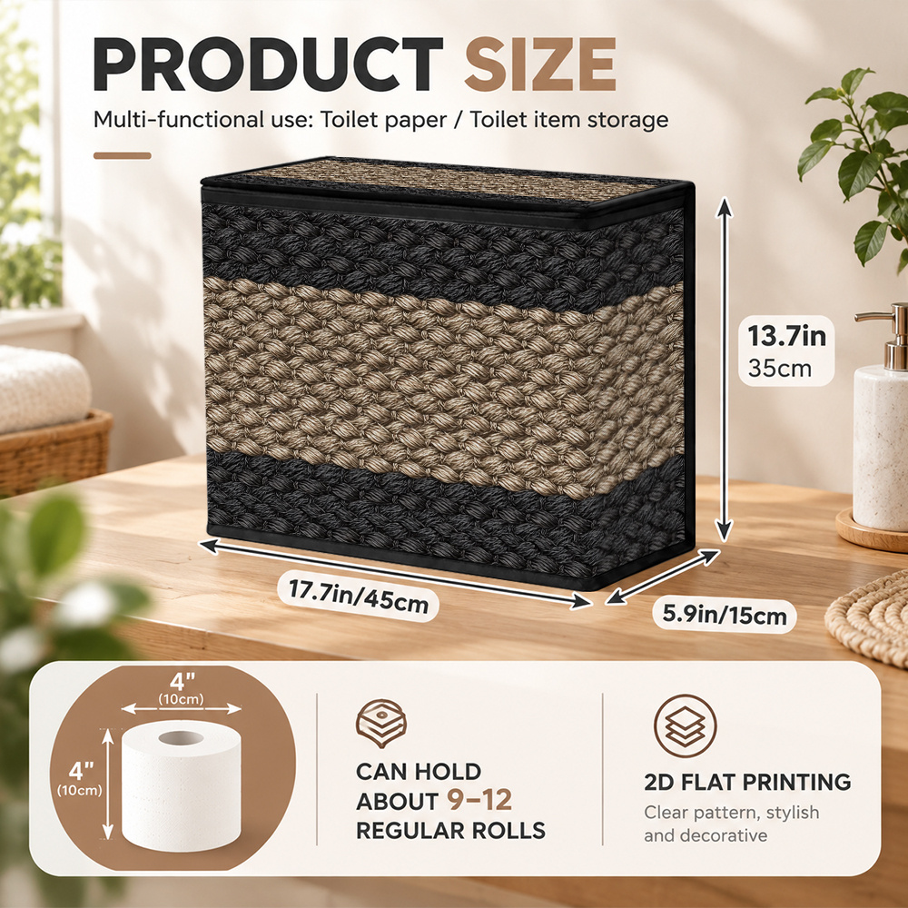 TEMU (2D Plat) 1pc Organisateur de Rangement de Papier Toilette Imprimé à Rayures Noir et Beige Multifonctionnel, Panier de Boîte à Mouchoirs Pliable