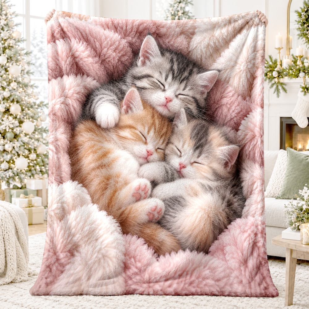 Image of 2d Flat 1pc Sleeping Cute Kittens Pattern Soft Cozy Printed Blanket Nap Cover Blanket For Sofas Bedrooms Christmas Holiday For Ship From Local Warehouse