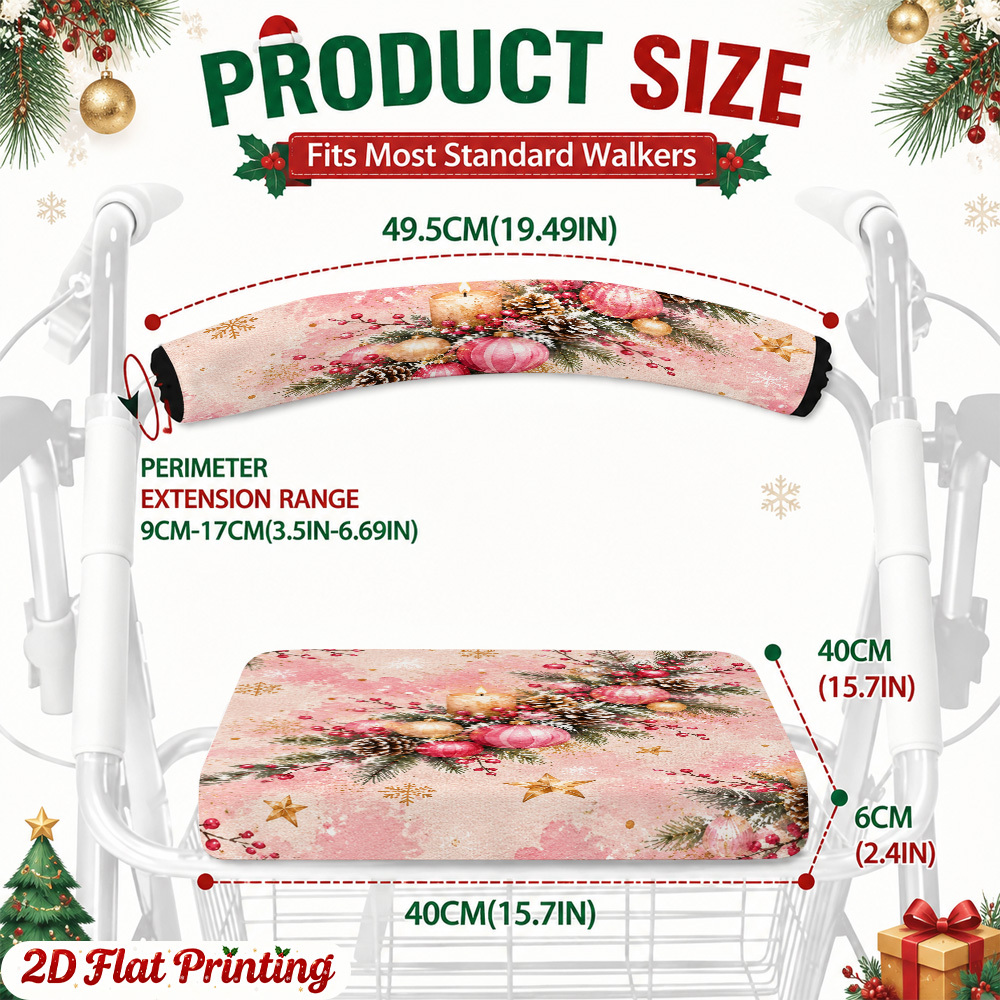 TEMU 2pcs (seat Cover And Armrest Cover), Pink Christmas Candle Pine Branches Baubles Pattern, Santa, Candy Cane And Xmas Tree Universal Walker Seat