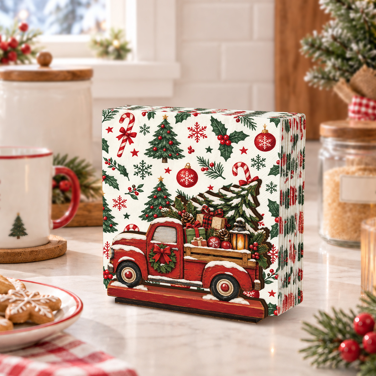 TEMU 1 Porte-serviettes de Noël en bois, Camion rouge vintage du cèdre et des cadeaux, Porte-mouchoirs de bureau, Organisateur de serviettes rustique
