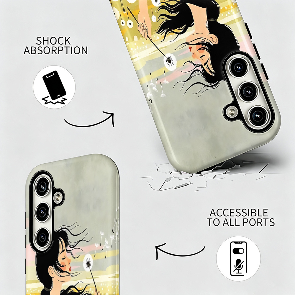 phone case gentle and artistic dandelion field art illustration phone case with closed eyes girl suitable for samsung galaxy s26 s25 s24 s23 s22 s21   fe a52 a53 a54 a55 a56 a57 a71 full coverage   protective film in one case