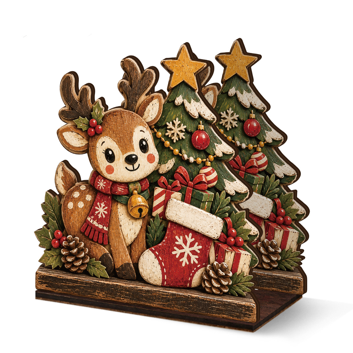 TEMU 1pc Wooden Christmas Napkin Holder, Cute Deer Pattern With Christmas Tree And Gift Desktop Napkin Holder, Retro Farmhouse Style Holiday Tissue