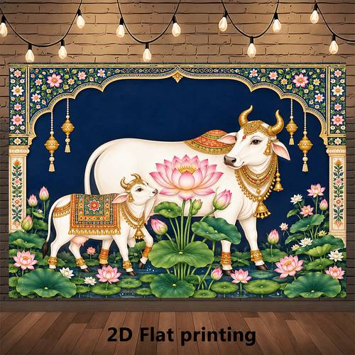 item picture 2d flat 2d flat 1pc cows lotuses art traditional golden ornaments vintage photography backdrop photo booth background party decoration event decor wedding reception anniversary party ceremony decor photo booth studio prop wall hanging