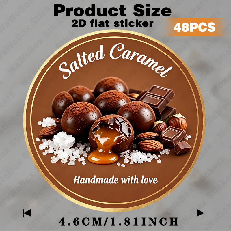 TEMU 48/96pcs (4.6cm/1.81inch) Caramel Chocolate Stickers, 2d Flat Self-adhesive Stickers. Suitable For Chocolate Packaging/tote Bags/envelope