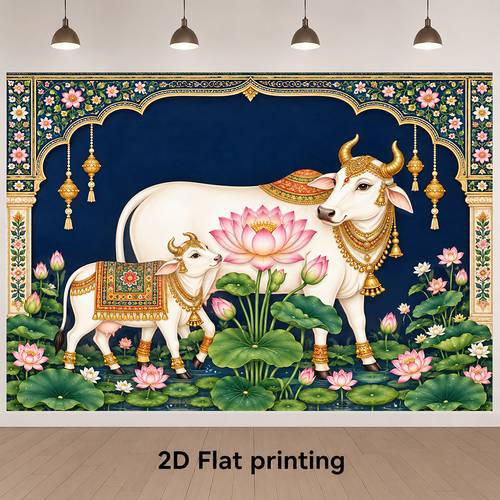 2d flat 2d flat 1pc cows lotuses art traditional golden ornaments vintage photography backdrop photo booth background party decoration event decor wedding reception anniversary party ceremony decor photo booth studio prop wall hanging