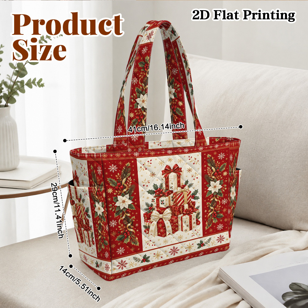 TEMU 2d Flat, 1pc Women's Rhombus Quilted Tote Bag, Christmas Gift Box Display Printed, Large Capacity Zippered Shoulder Tote With Side Pockets,