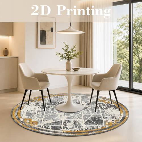 soft velvet round rug with gray white crackle mesh grid round border and golden geometric accents pattern printed rug 2d printing rug decor carpet large living room rug sofa mat bedroom rug bedside rug doormat coffee table