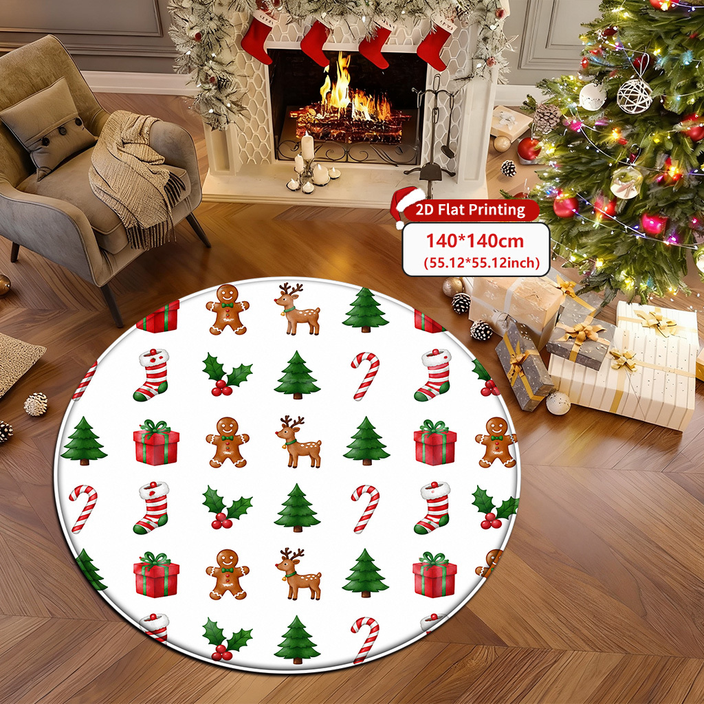 item picture   round rug suitable for living room bedroom hallway soft non slip christmas with snowflake tree patterns machine washable foldable rug suitable for doorway entryway seasonal decor use 2d flat