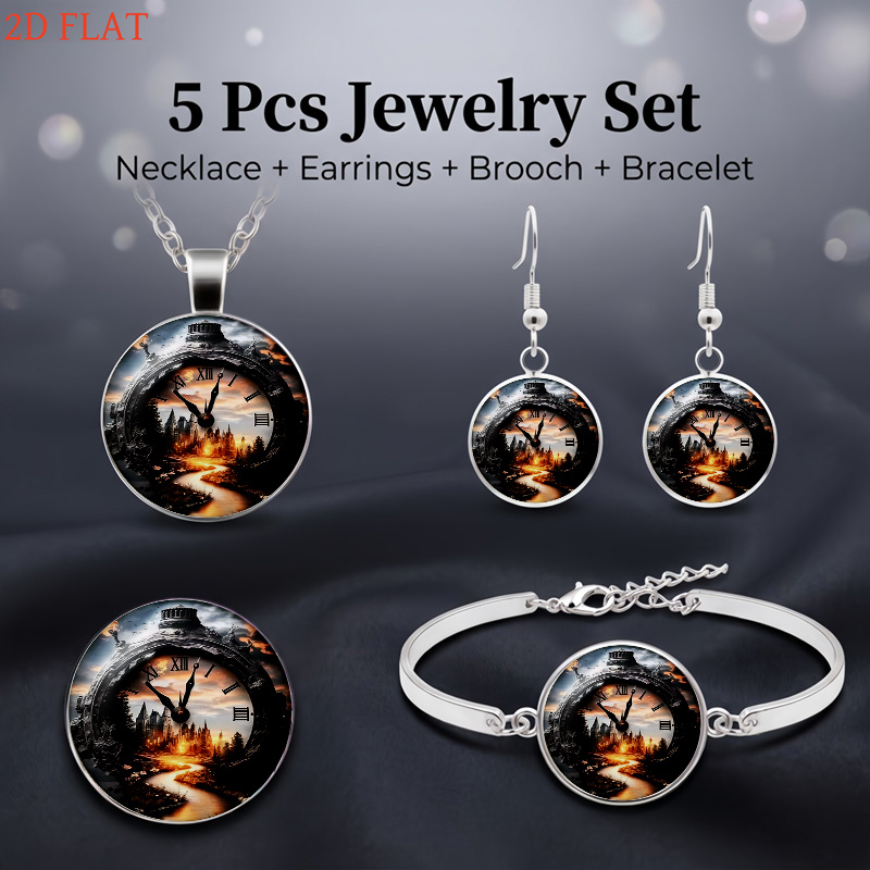 5pcs Clock-Themed Women's Jewelry Set, Necklace & Earrings