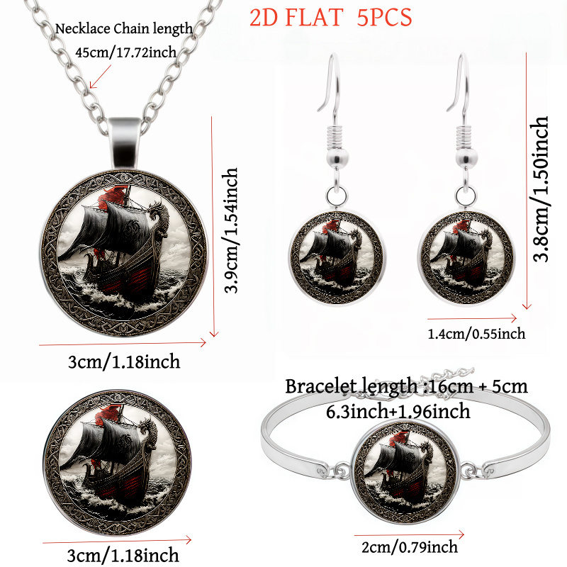5pc Viking-Themed Necklace, Earrings, Brooch & Bracelet Set