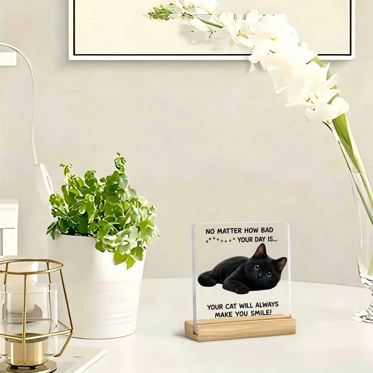 TEMU 1pc Black Eyes Paw Print Pattern Table Stand And Paperweight, Inspirational Slogan, Warm Slogan, Acrylic Ornament, Home Decoration, With Wooden