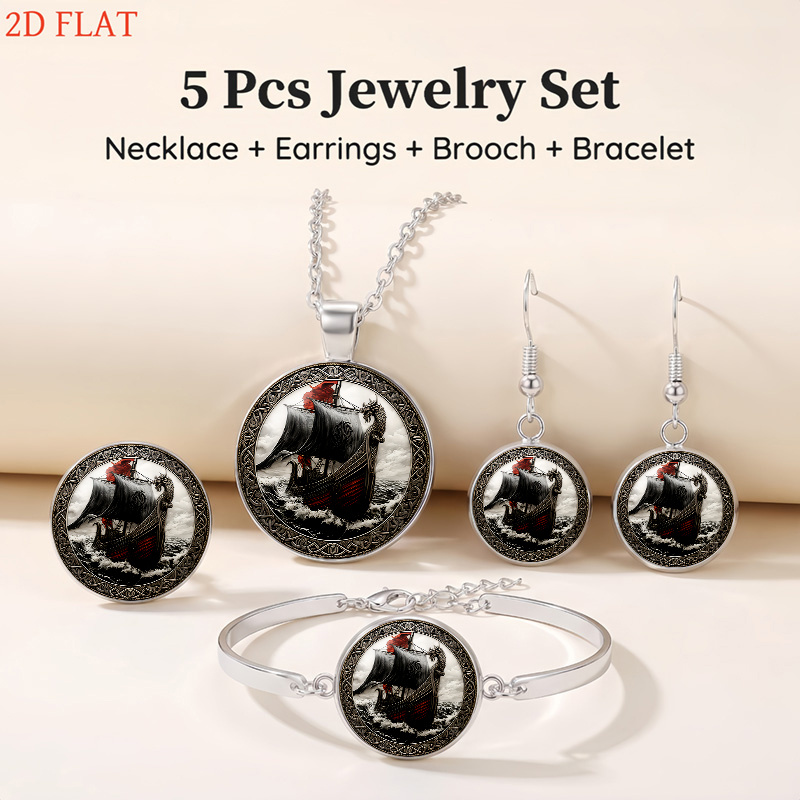 5pc Viking-Themed Necklace, Earrings, Brooch & Bracelet Set