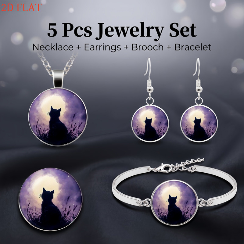 Women's Cat and Moon Theme 5pcs Jewellery Set