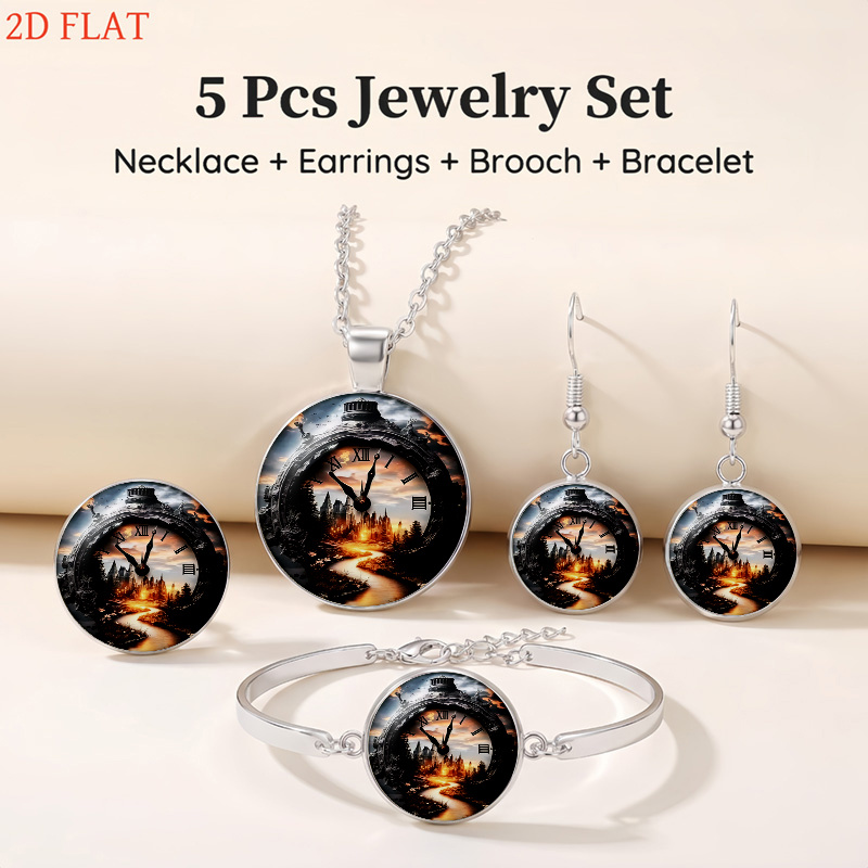5pcs Clock-Themed Women's Jewelry Set, Necklace & Earrings