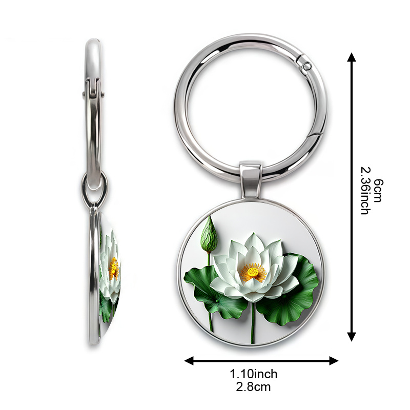Circular Keychain with Semi-Realistic White Lotus Blooming Pattern
