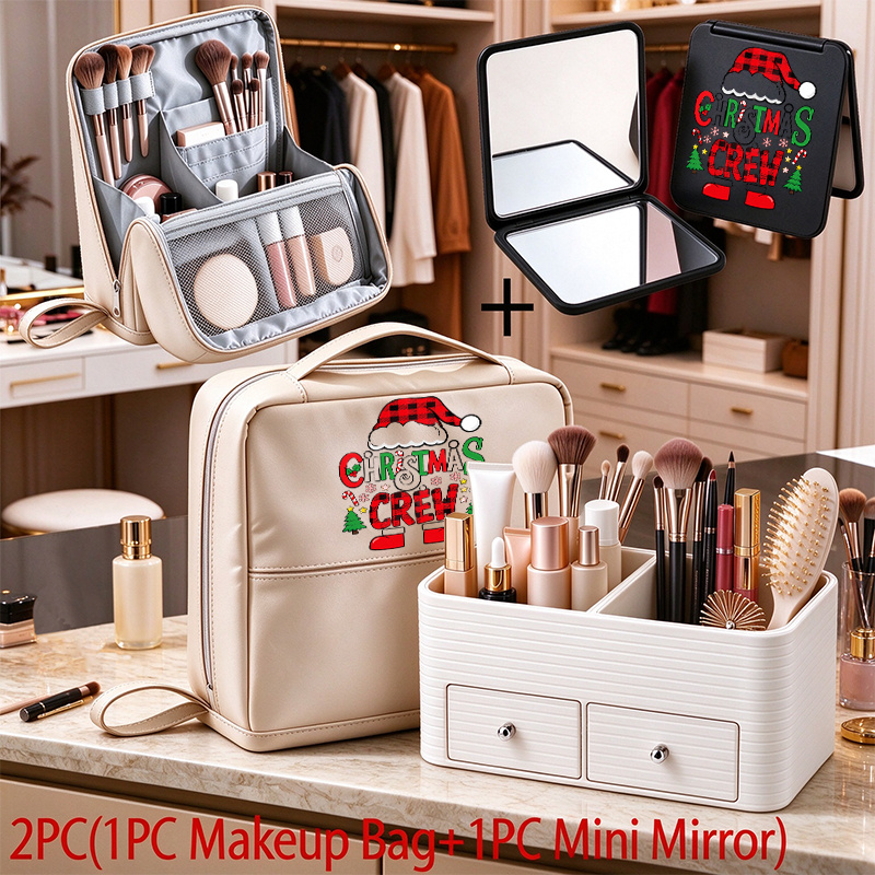 2pcs Christmas Makeup Bag and Mini Mirror Travel Organizer Case