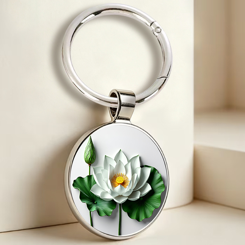 Circular Keychain with Semi-Realistic White Lotus Blooming Pattern
